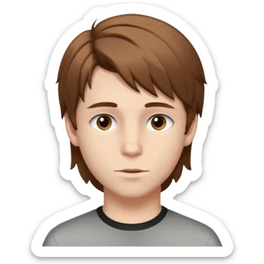 A young white boy with brown hair and eyes, with slightly long, straight and disheveled hair with wolfcut haircut, Make it look aesthetic, it's a trans boy sticker
