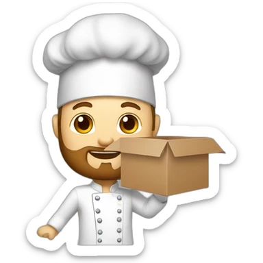 A CHEF WITH A SURPRISE BOX full of vegetables with no hat chef and a beard white skin sticker