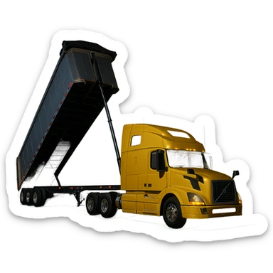 long silver end dump trailer hooked to a Volvo yellow semi sleeper truck, trailer in dump position, photorealistic night scene, crisp details, no background sticker