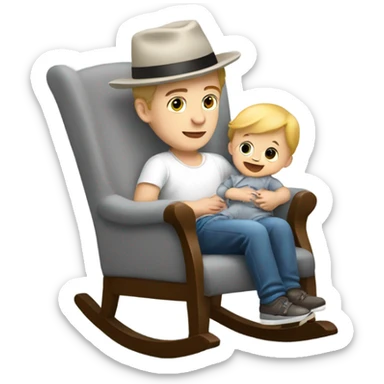 Young white man in hat rocking a white baby in puffy grey rocker  sticker