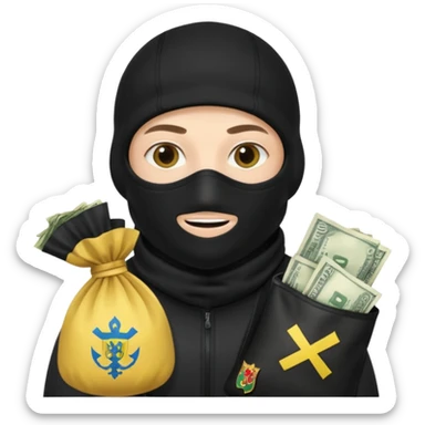 создай реалистичного белого украинца в черное одежде и черной балаклаве с большим мешком денег с  гербом страны на нем  sticker
