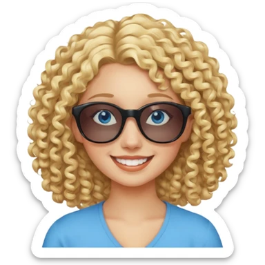 blonde girl in sunglasses smiling, blue eyes, curly hair sticker