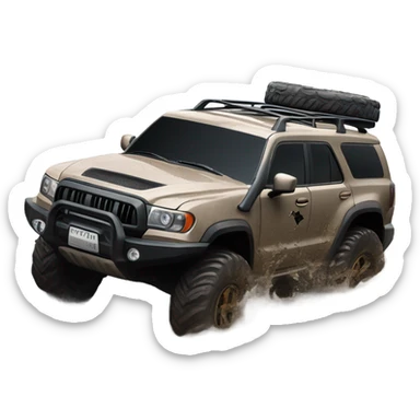 An off-road SUV facing a road full of mud and rocks, with big tires and mud splashing around, showing resistance and adaptability. sticker