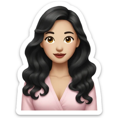 stunning asian woman black long wavy hair, light pink lips sticker