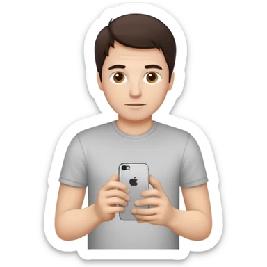make a white guy with dark brown hair, with a simple white o grey shirt, repairing an iphone, un tecnico sticker