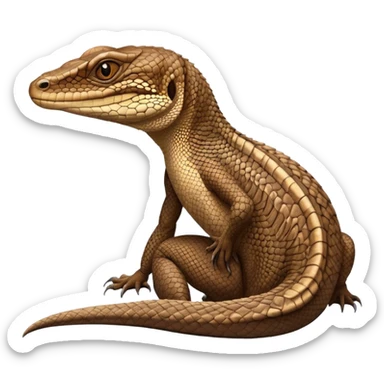 Cinematic Noble brown monitor Lizard Portrait Emoji, Poised and regal, with a robust, scaled body exhibiting striking, mottled patterns and piercing, alert eyes, Simplified yet sharp and sophisticated features, highly detailed, glowing with a soft, earthy glow, high shine, intelligent and formidable, stylized with an air of ancient wilderness, focused and commanding, soft glowing outline, capturing the essence of a watchful and confident reptilian guardian that appears ready to stride out of the screen with effortless authority! sticker