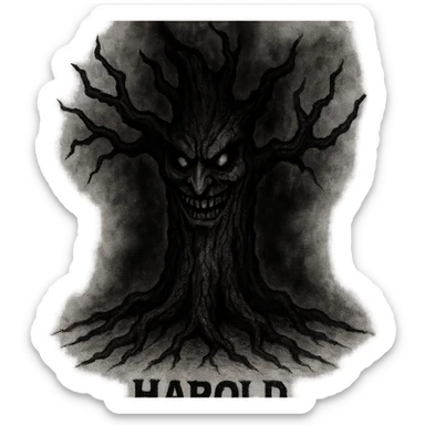 tree character named Harold inspired by Haunted Mound, sinister face, gnarled roots, shadowy aura sticker