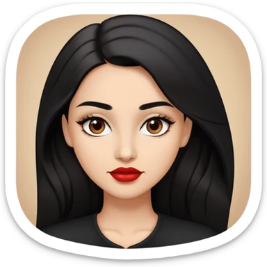 Confident young woman with oval face, elegant features, dark brown eyes, arched eyebrows, red lipstick, light brown skin, long black hair, wearing a black top sticker