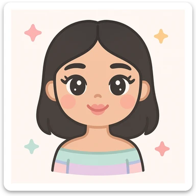 viral emoji girl, beige skin tone, straight eyebrows, cat eyes with cute eyelashes, light blush, pink cupid-shaped lips, black off-shoulder 1b hair, wearing an aesthetic top, kawaii style sticker