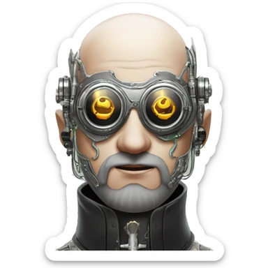 Bald cyborg head with silver steampunk goggles, white five beard and circuits sticker