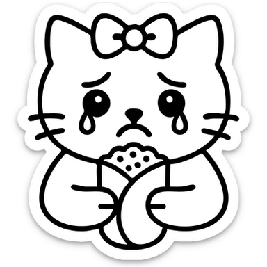 Colorized dürüm with all other details unchanged. White cat, sad, teary-eyed, wearing a light pink ribbon on its head, icon style, no background. sticker