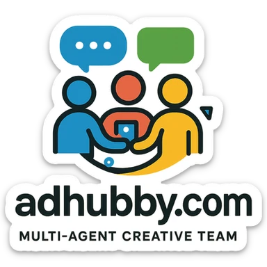 Logo for adhubby.com, multi-agent creative team, playful and modern, incorporates elements like chat bubbles, teamwork, or digital icons, designed to appeal to small business owners sticker