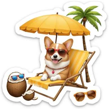 a corgi dog laied on a beach chair, a sunny beach, a sun umbrella, and beach coconut trees. the icon should capture the essence of a relaxing beach vacation with a carefree atmosphere sticker