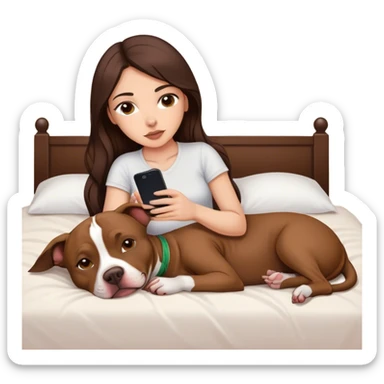 Girl long dark brown hair lays on her bed with her cell phone and her brown pit bull lays guarding her sticker