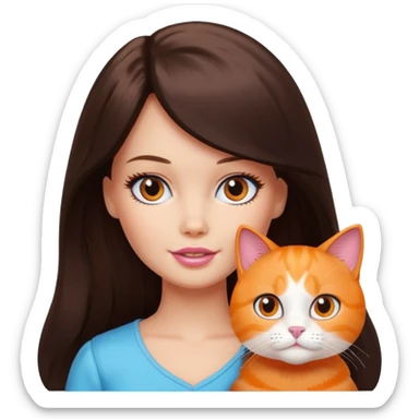 White Barbie girl dark brown long hair with British orange cat sticker