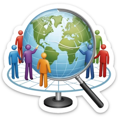 An icon featuring a group of people, a network diagram, and a magnifying glass, symbolizing sociology. The design includes a globe and interconnected lines, representing social structures and relationships. Transparent background highlights the study of societies and human behavior. sticker