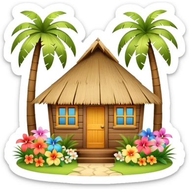 Hawaiian beach house, small tropical house, wooden walls, thatched roof, colorful flowers, palm trees, cute mobile game icon, 3D cartoon, bright colors, soft shadows, clean background, no text, no watermark sticker