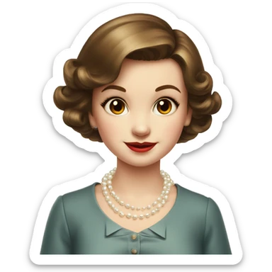 Cute girl 1950s short brown hair, white pearl necklace sticker