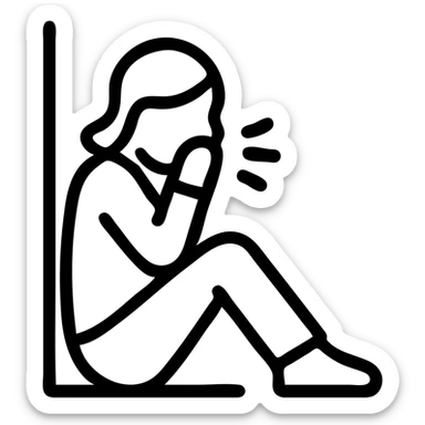 flat icon style woman sitting against a wall, sick, hand covering mouth, urban background sticker