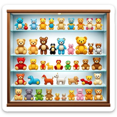 Icon for Toy Collecting: a collection of various vintage toys such as dolls, action figures, and plush animals, displayed neatly on shelves or in display cases. The icon should evoke the joy and nostalgia of collecting toys. Transparent background. sticker