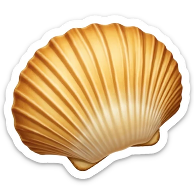 A madeleine pastry. Oval seashell shape with ONLY four to five vertical lines going in the same direction. Light golden brown. Scalloped edge. Cookie. Flat. Long. Oval shape. Lets scallops. Only four or five scalloped lines. Oblong shape sticker