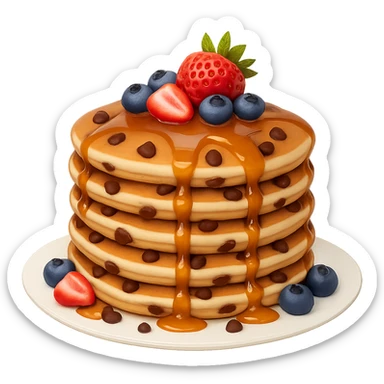 Add chocolate chips to the stack of pancakes with strawberries and blueberries, inspired by California. Keep no background. sticker