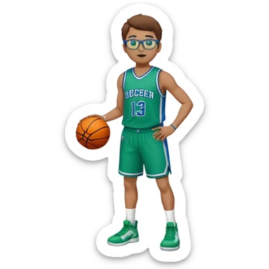full body  white male basketball player  with brown hair wearing glasses in blue an green uniform sticker