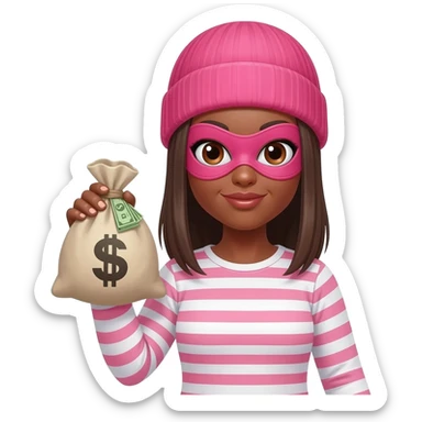 Brown woman, brown eyes, straight brown hair. Wearing a long-sleeved t-shirt, the t-shirt is horizontally striped white and pink. Pink beanie and a pink mask through which you can see her eyes, like a thief's mask. In front of her there is a bag (the money bag emoji) with bills inside. sticker
