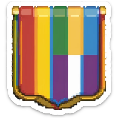 LGBT pride flag emblem, 40x40 pixels, gold border, rainbow stripes, Habbo Hotel badge style sticker