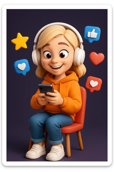 Create a detailed Generation Z girl character in a cartoonish 3D style with a happy expression, wearing an orange hoodie, sitting on a red chair, holding a smartphone in her hands and surrounded by floating icons of stars, likes and hearts.
The character should have stylised light hair, large expressive eyes, white on-ear headphones and a soft, expressive Pixar-style look.
Depict the character in full, centred in the frame, with even studio lighting, soft shadows
and a clean dark purple background for contrast. sticker