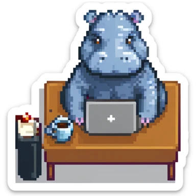 A cartoon hippopotamus who sits at a laptop and drinks coffee sticker