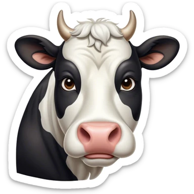 Cinematic Noble Black and White Cow Portrait Emoji, Poised and regal, with a large, sturdy build and a striking, well-groomed coat of pure black accented by crisp white patches, deep-set soulful brown eyes, Simplified yet sharp and sophisticated features, highly detailed, glowing with a soft, dignified glow, high shine, intelligent and calm, stylized with an air of modern elegance, focused and attentive, soft glowing outline, capturing the essence of a watchful and confident bovine guardian, so majestic it feels as though it could stride out of the screen with effortless authority! sticker
