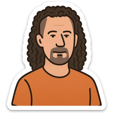 flat toon style white man in his 40s, long tight curly hair with short sides, no background sticker