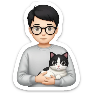 A boy wearing a sweatshirt, black hair and glasses is holding a white cat sticker
