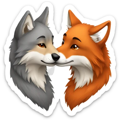 Male gray wolf kisses female red fox sticker