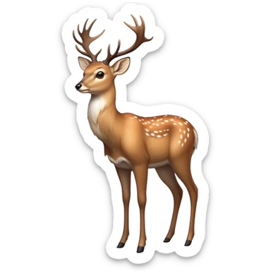 cinematic-noble [deer]-realistic-full-body-standing on all fours-emoji,-tail-tucked-close,-head-tilted-dramatically,-sleek-[fawn]-fur,-simplified-yet-realistic-focused-features,-highly-detailed,-glowing-with-an-almost-sarcastic-glow big antlers sticker