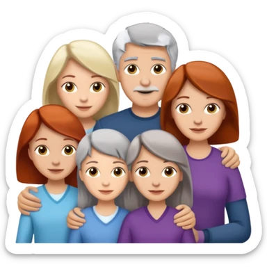 Family emoji showing a family of five. Father has grey hair, mother has mixed grey/brown hair, three daughters with blonde, brunette and redhead hair colors. sticker