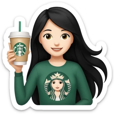 A young girl with long black hair, reaching up to her belly, holds a cup of Starbucks coffee.
 sticker