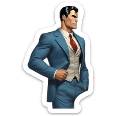 male american Superman, in a bar, wearing a suit, portrait, comic book illustration by jack kirby sticker