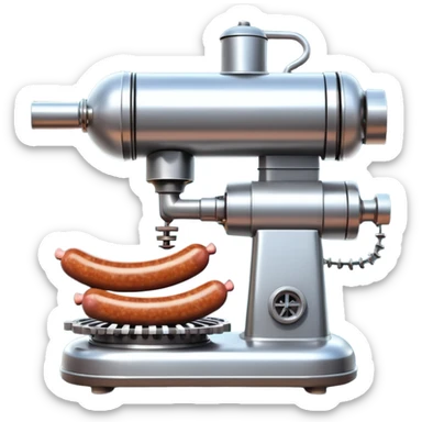 sausage-processing droid. retro-futuristic style. top is a circular industrial meat grinder with rotating gears and blades. Two robotic arms feed material into grinder. Sausage links extrude from the rear like  factory. The body is metallic, compact, and floats above the ground.no legs. Dark humor sticker
