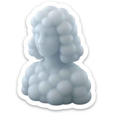 person looking straight ahead, composed entirely of white fluffy convex clouds, shoulder length, matte glass style sticker