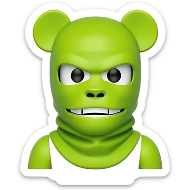 bearbrick toy wearing a lime green balaclava with angry aggressive thick eyebrows showing above the mask sticker