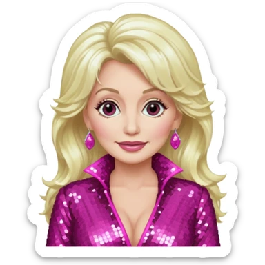 Dolly Parton with long platinum blonde hair, dark pink sequin outfit sticker