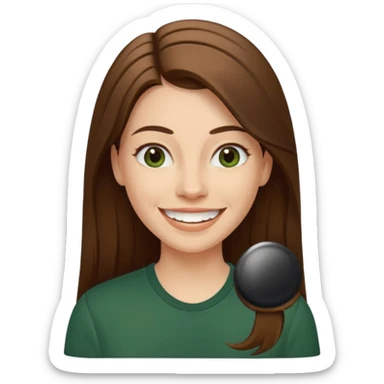 30 yr Caucasian woman long brown straight hair parted on side dark green shirt big smile white teeth sticker