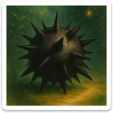 Make the spiked ball look more dangerous with sharper, longer spikes, darker shading, and menacing whimsical details in ghibli style. sticker