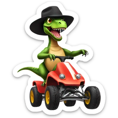 Trex riding a go cart with a cheifs hat sticker