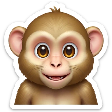 Cinematic Cute Macaque Portrait Emoji, Head tilted playfully and inquisitively, with a charmingly mischievous face accented by soft, fuzzy fur and round, sparkling eyes filled with curiosity, Simplified yet irresistibly adorable features, highly detailed, glowing with a warm, friendly glow, high shine, affectionate and lively, stylized with a touch of primate whimsy, bright and endearing, soft glowing outline, capturing the essence of a playful macaque that seems as if it could jump out of the screen into your arms! sticker