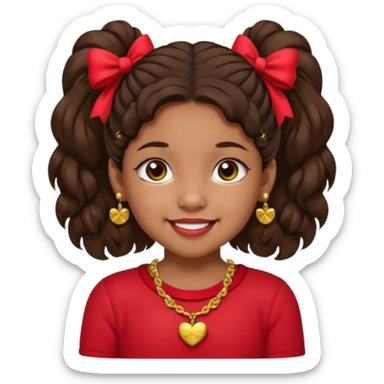Brownskin girl dark brown hair fluffy. pigtails with red bows brown eyes smiling closed mouth red shirt gold esrrings gold necklace sticker