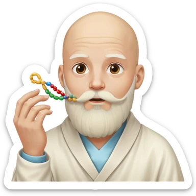 completely bald guy, with a long, white wizard beard tied down in a hair tie, eating a strand of dna sticker