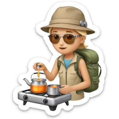 A camper boiling water on a portable stove, enjoying the outdoor breeze.
 sticker